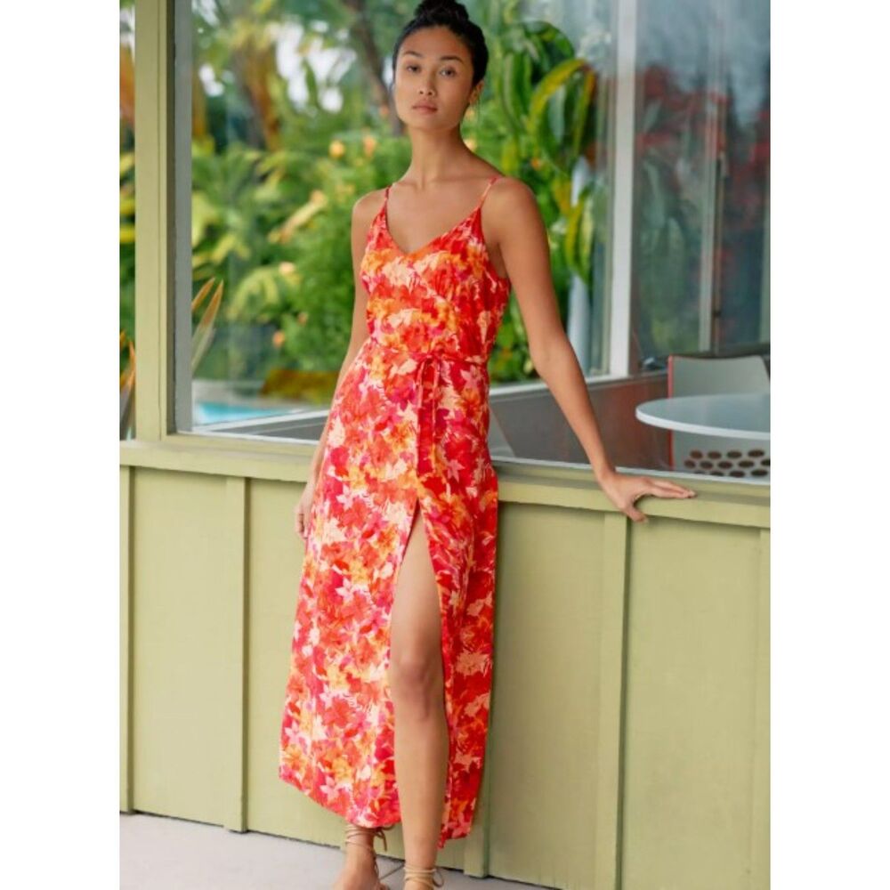 Anthropologie L Space Harper red floral midi summer dress slit medium